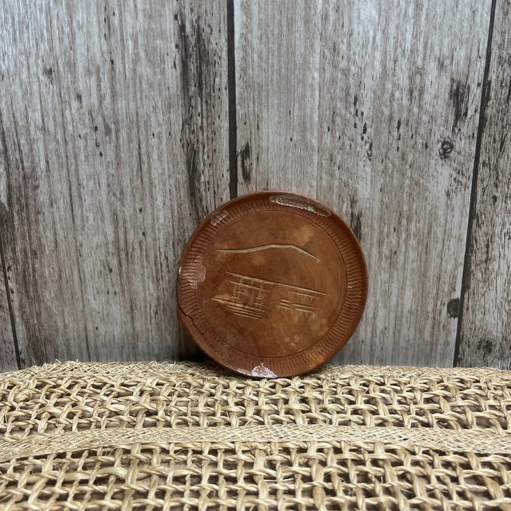 Vintage Coaster Set Asian Landscape Carved Wood Coasters w/ Holder Set of 8